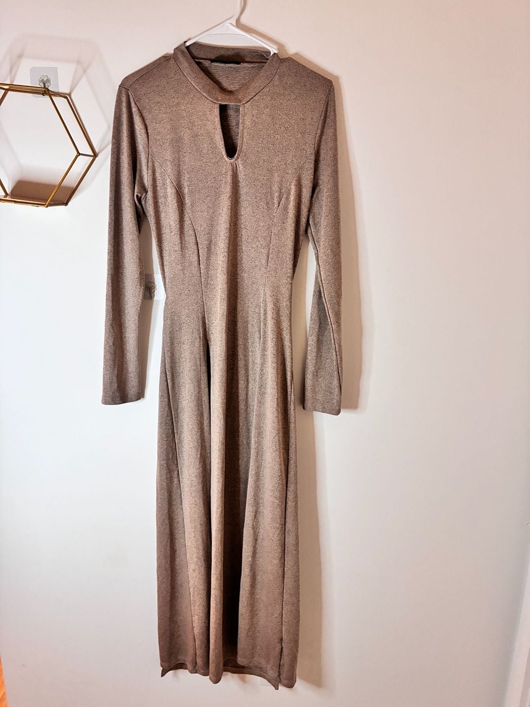 Celeb Brown Long Sleeve Open Back Quadruple Slit Maxi Shirt Dress Size Large 2