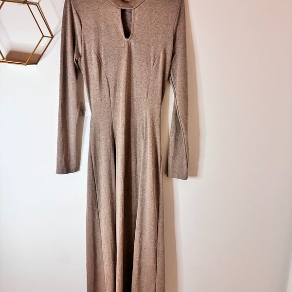 Celeb Brown Long Sleeve Open Back Quadruple Slit Maxi Shirt Dress Size Large