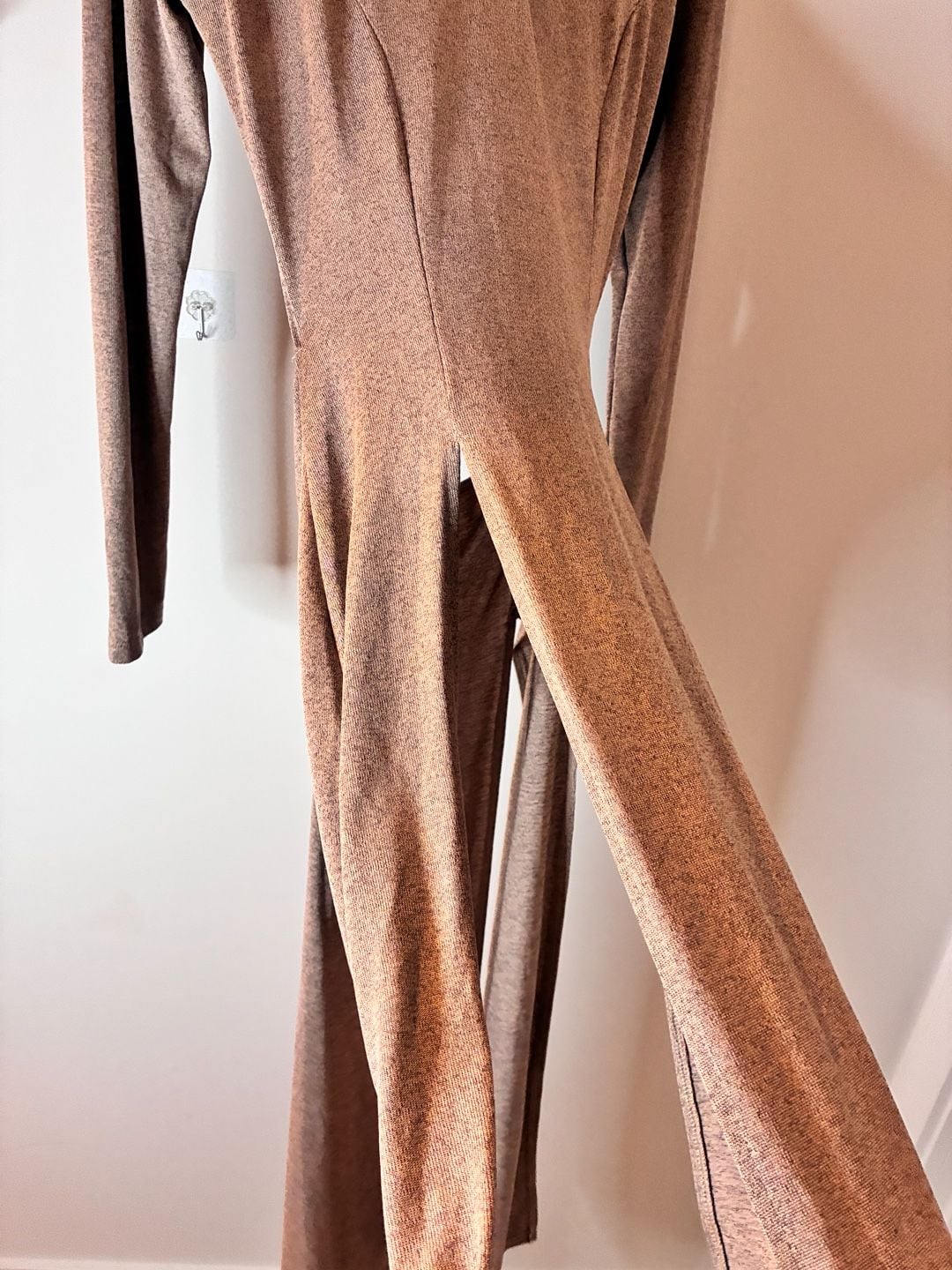 Celeb Brown Long Sleeve Open Back Quadruple Slit Maxi Shirt Dress Size Large 3