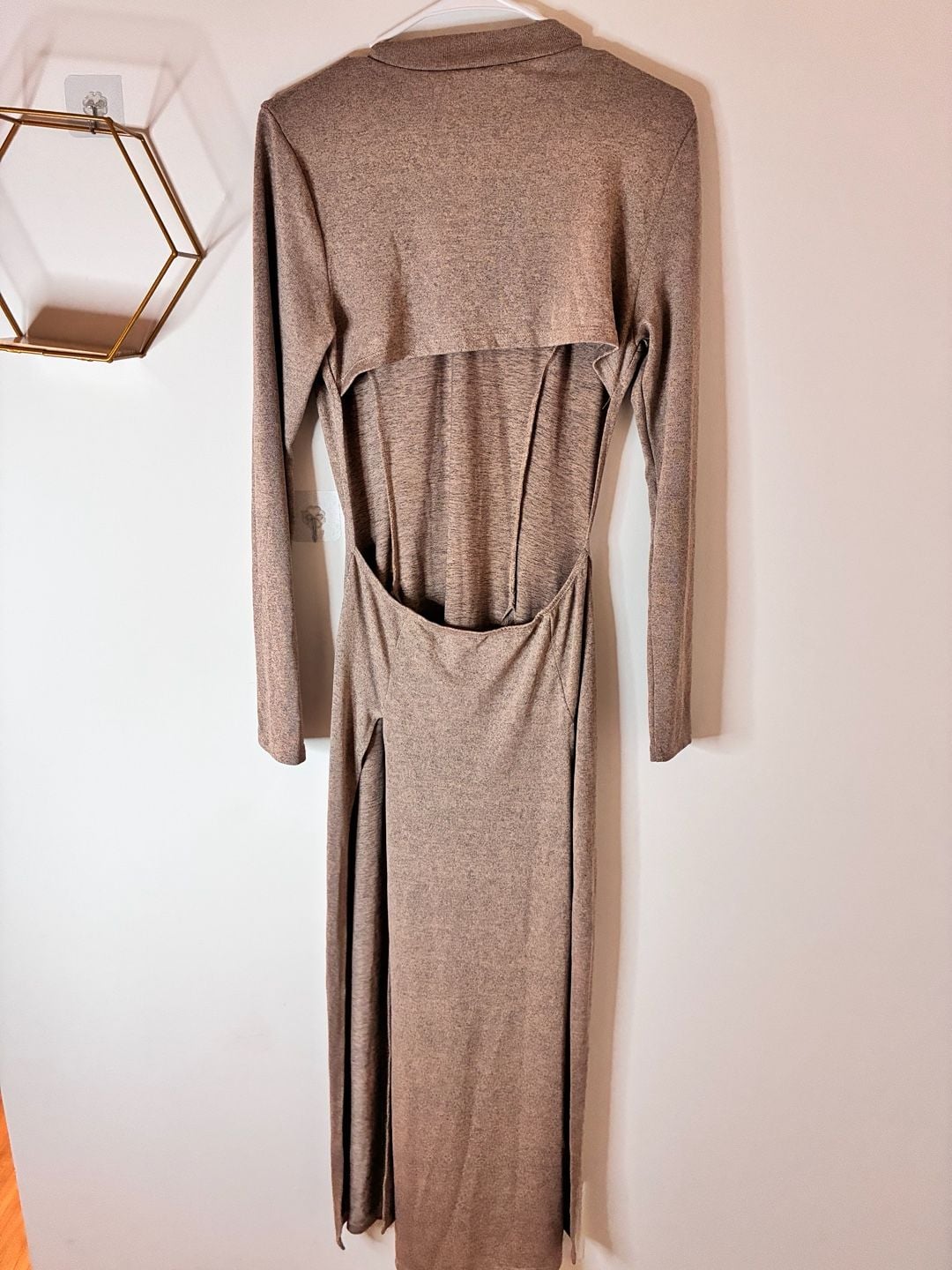 Celeb Brown Long Sleeve Open Back Quadruple Slit Maxi Shirt Dress Size Large 4