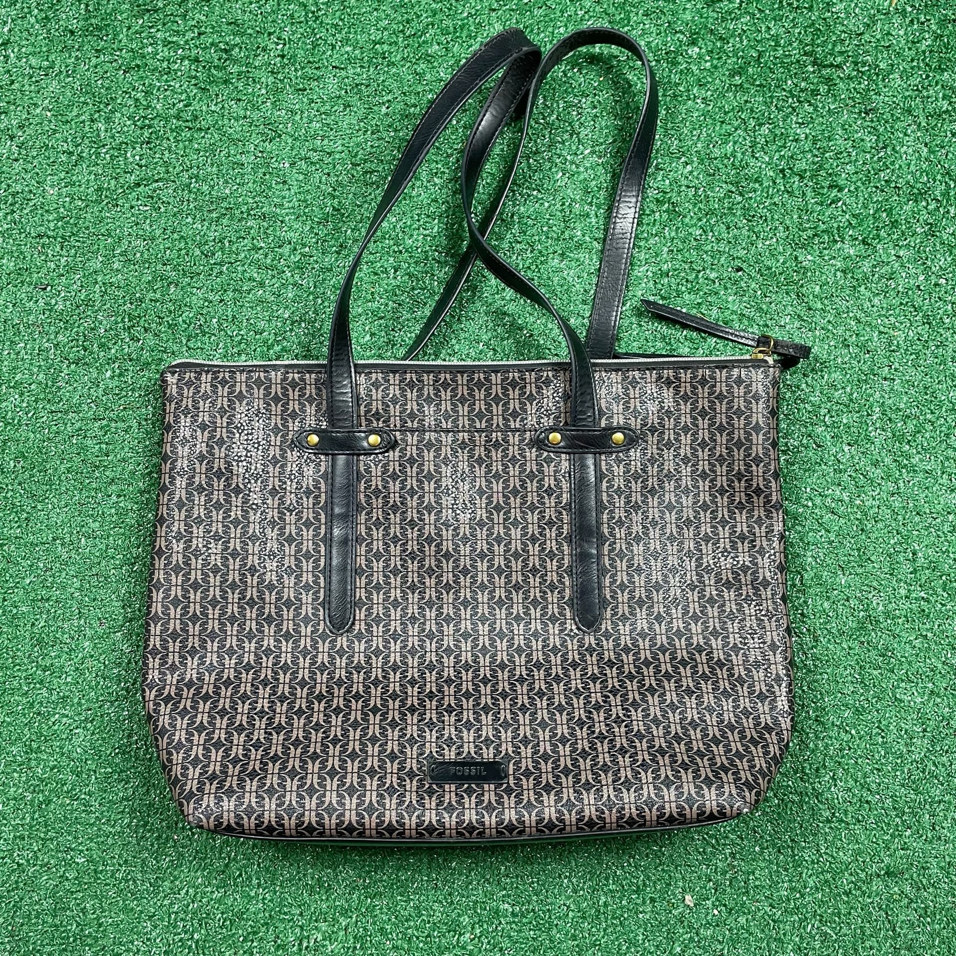 Fossil Felicity Logo Tote Bag Black Brown Monogram Shoulder Purse 2