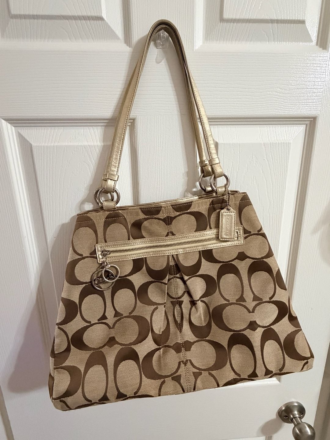 Y2K Coach Gabby Signature C Tote F14863 | Brown Tan Jacquard | Gold Trim | Pink Lining 2