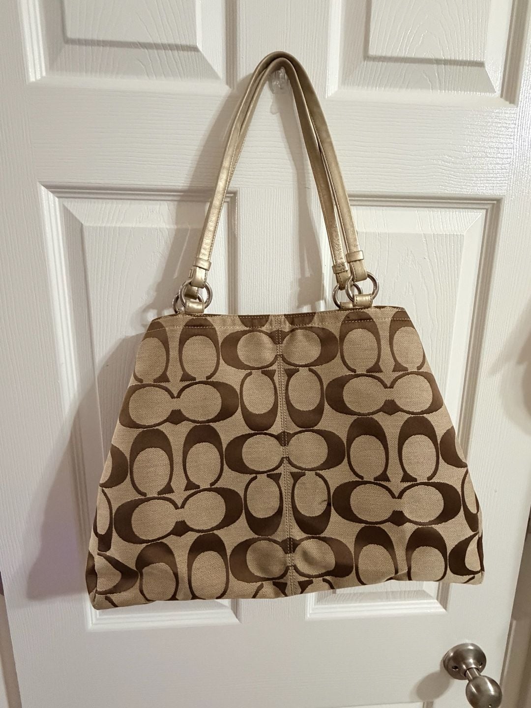 Y2K Coach Gabby Signature C Tote F14863 | Brown Tan Jacquard | Gold Trim | Pink Lining 8