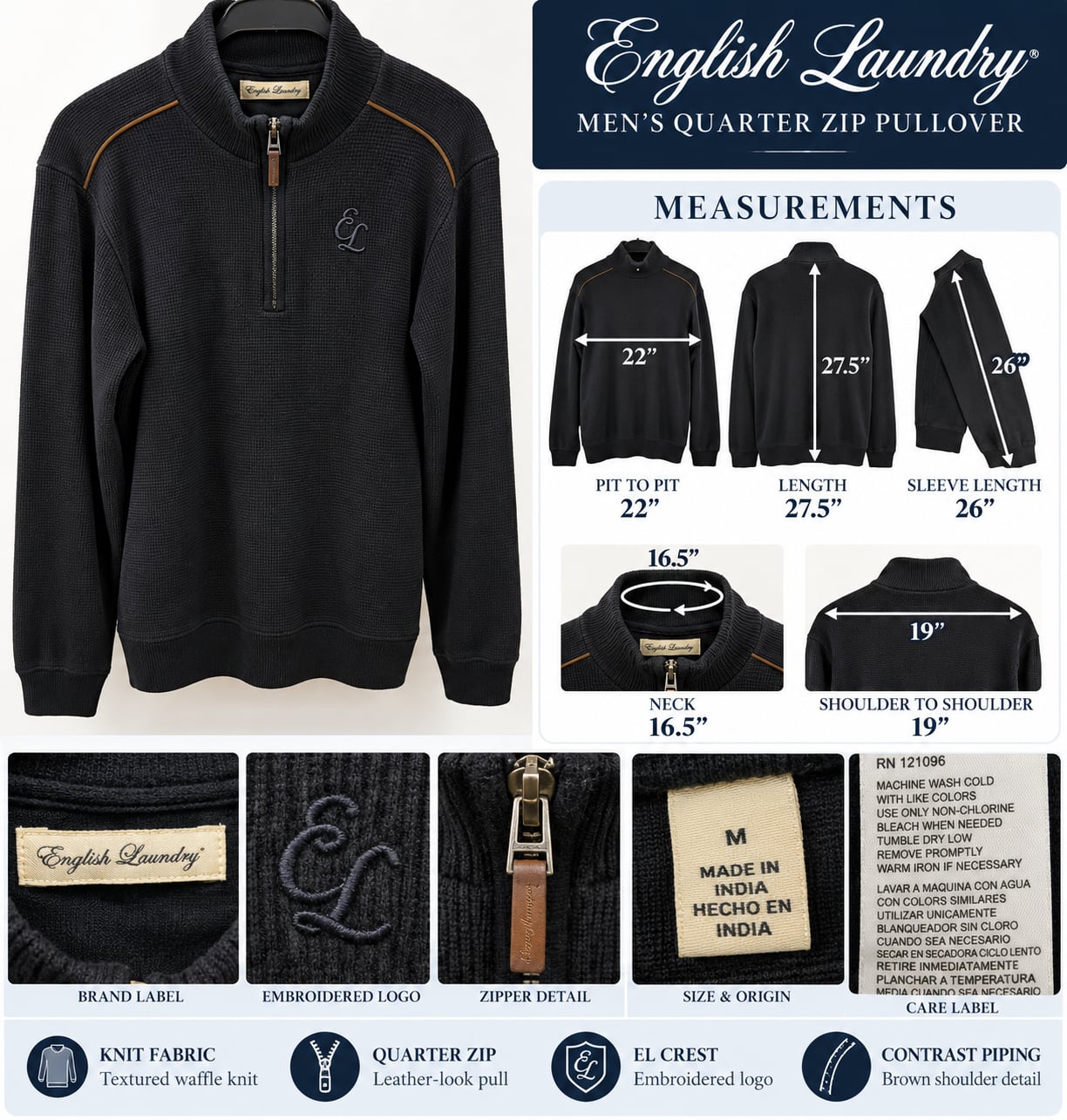 English Laundry Quarter Zip Pullover Sweater Size M Navy Blue Waffle Knit 3