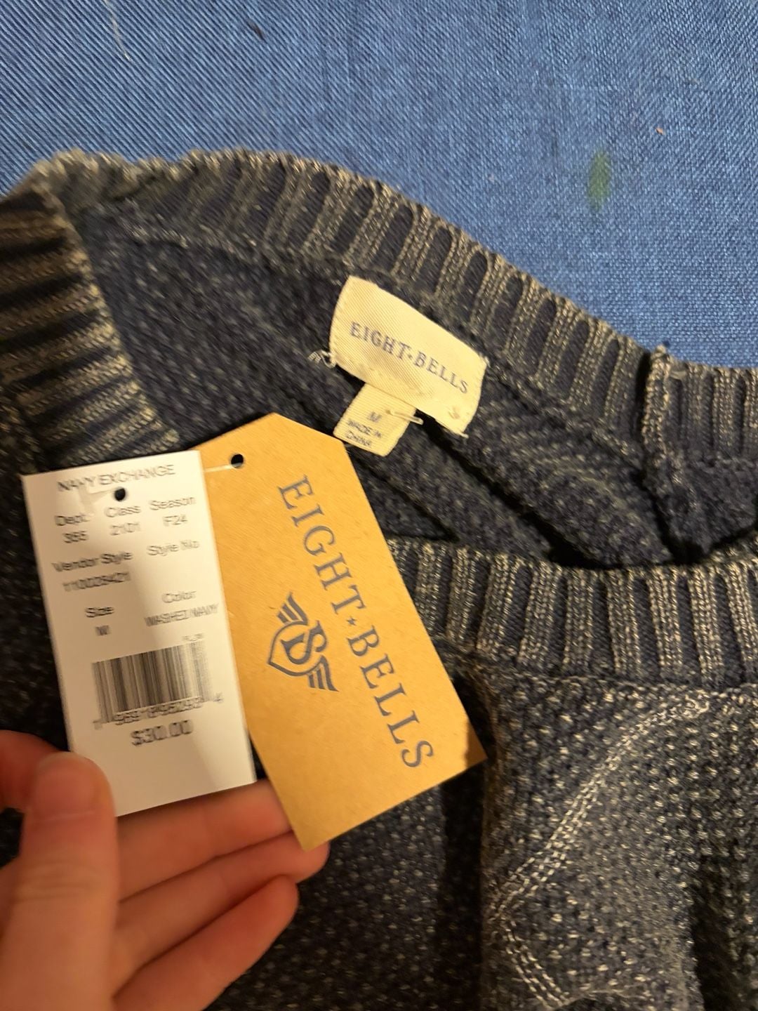 Eight Bells Crewneck Sweater Size M Washed Navy Knit Pullover 10