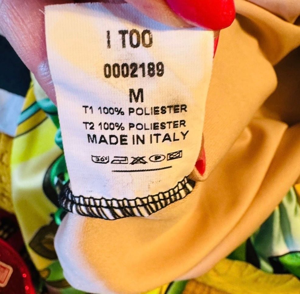 I TOO Italy Women’s M Satin Crop Top Abstract Face Art Green Yellow Long Sleeve 8
