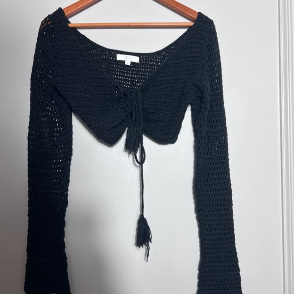 Klesis Black Crochet Crop Top Small Bell Sleeve Tie Front Boho Festival Y2K