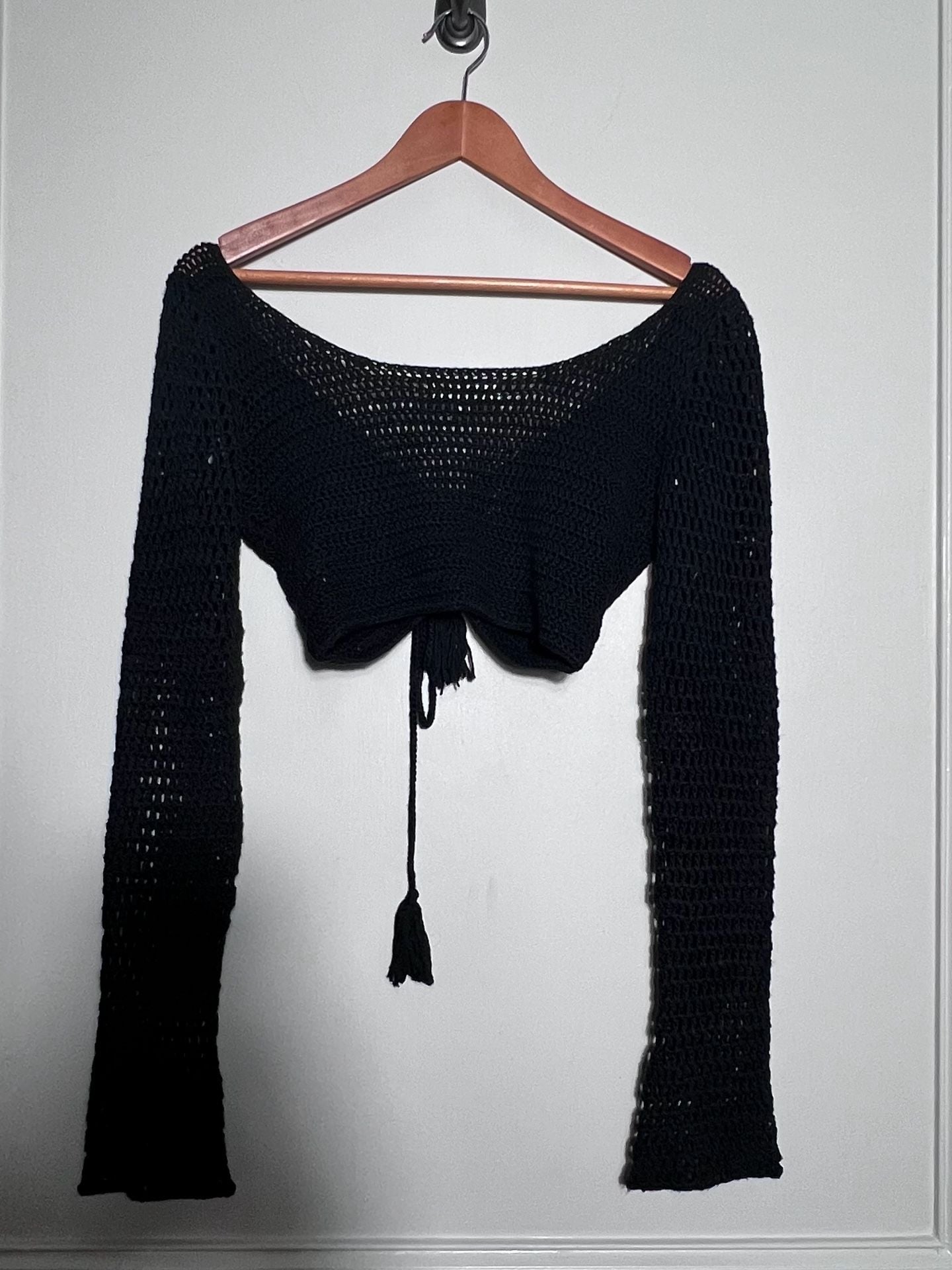 Klesis Black Crochet Crop Top Small Bell Sleeve Tie Front Boho Festival Y2K 7