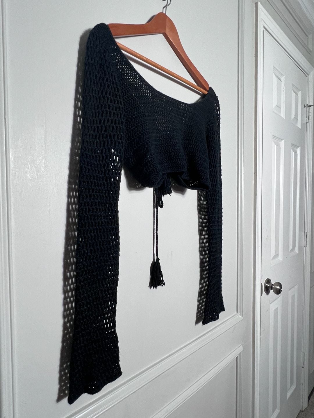 Klesis Black Crochet Crop Top Small Bell Sleeve Tie Front Boho Festival Y2K 8
