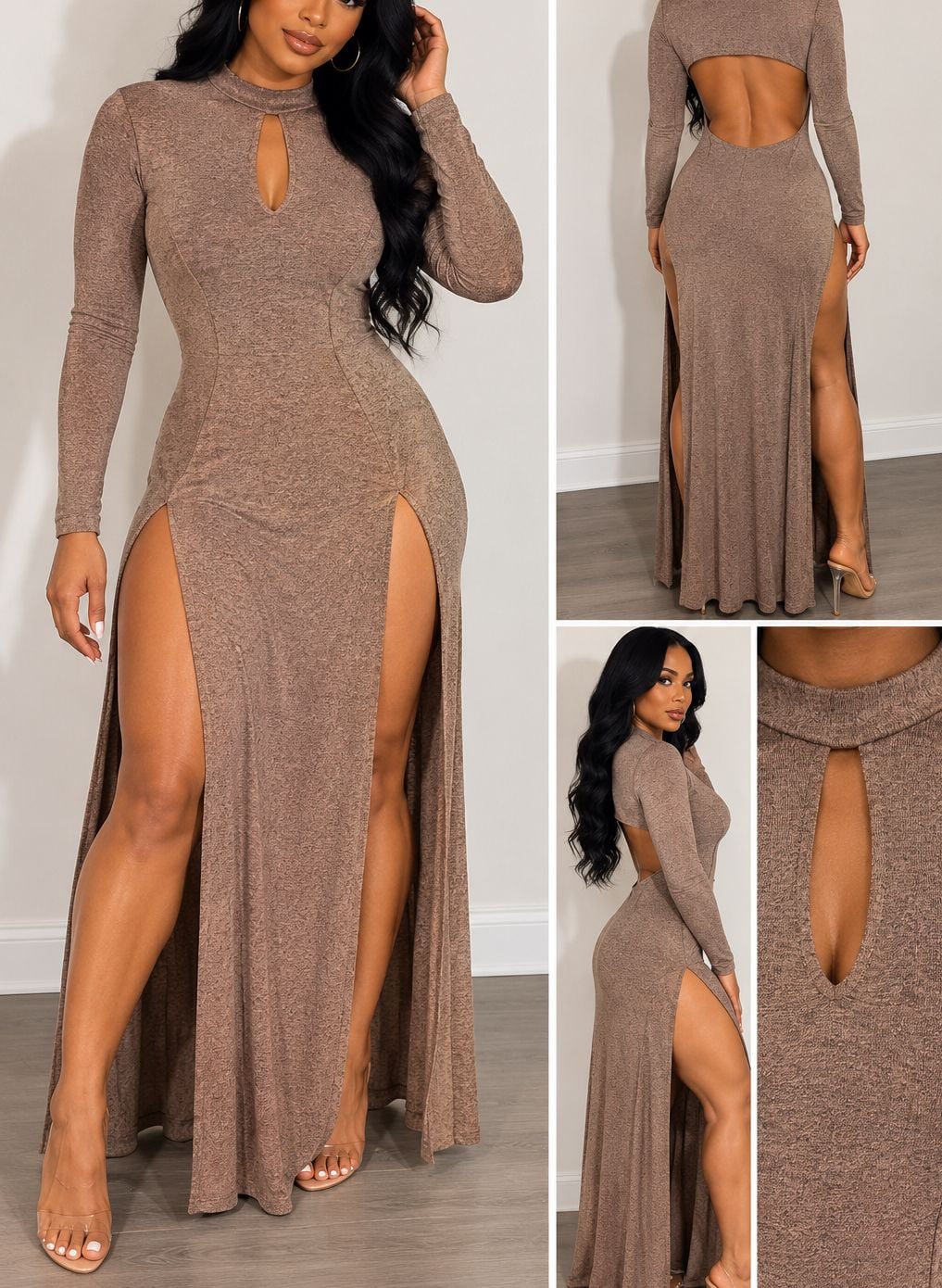 Celeb Brown Long Sleeve Open Back Quadruple Slit Maxi Shirt Dress Size Large 6