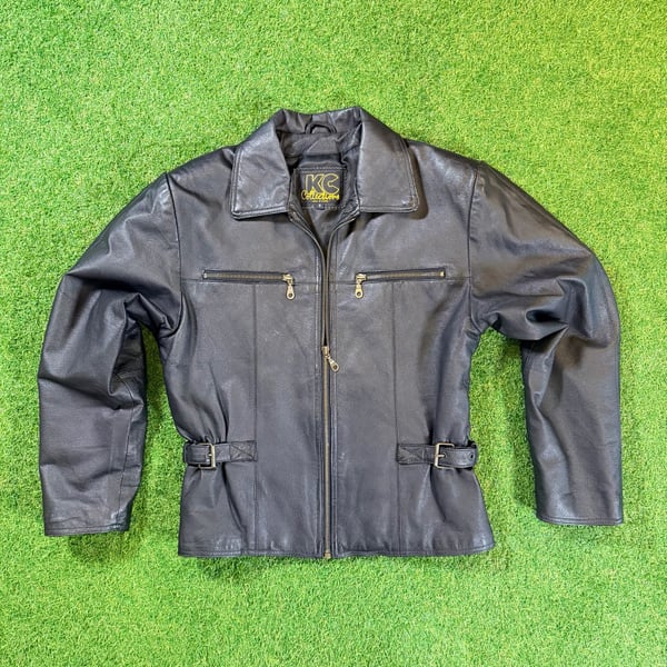 KC Collection Leather Jacket Size Small Black Moto Zip Pocket Buckle