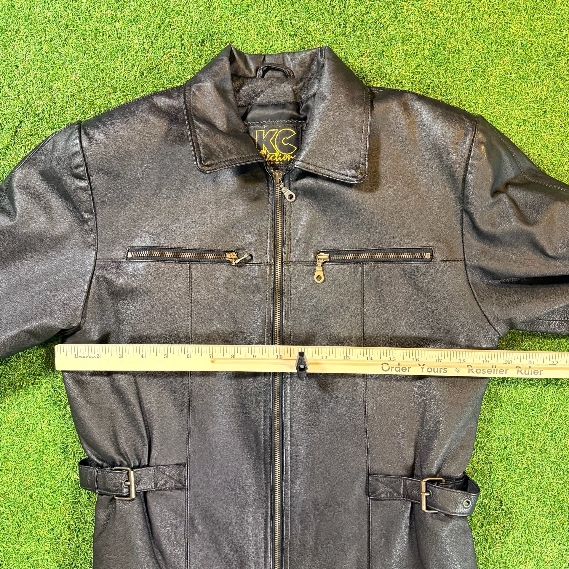 KC Collection Leather Jacket Size Small Black Moto Zip Pocket Buckle 7