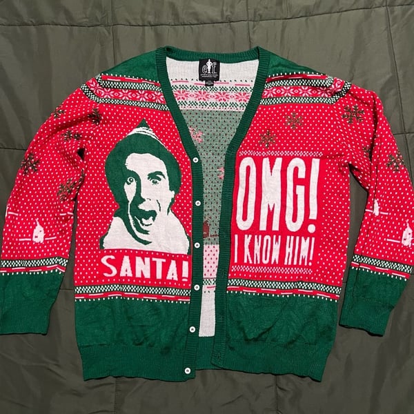 A-Elf Men's OMG! Santa! I Know Him! Christmas Cardigan Sweater Red/Green (XXL)