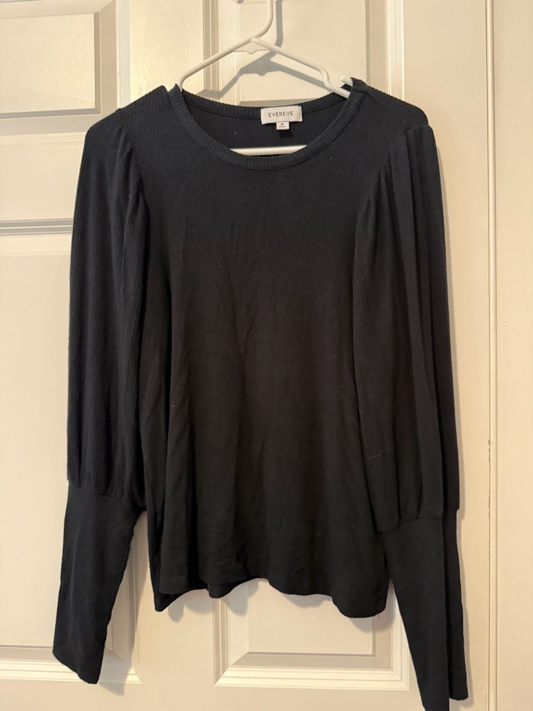 Evereve Black Long Sleeve Puff Sleeve Ribbed Top Size M 2
