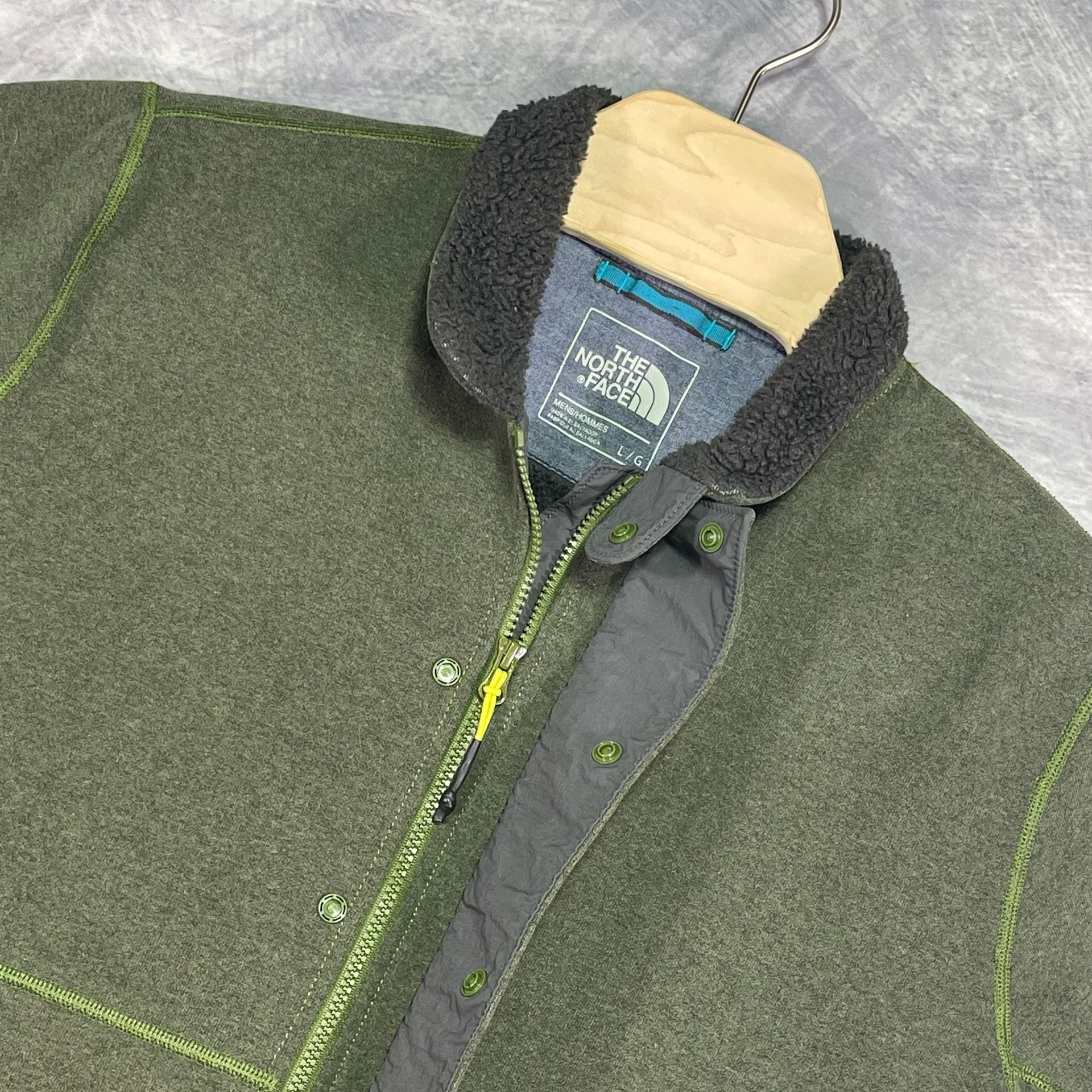 The North Face Fleece Jacket Size L Green Snap Zip Sherpa Lined 9