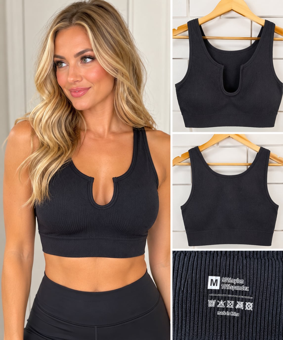 Seamless Ribbed Sports Bra Size M Black 2