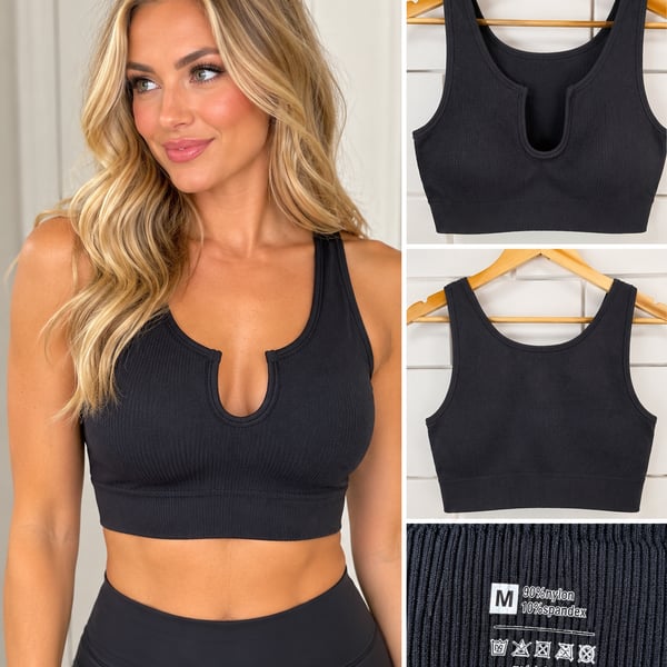Seamless Ribbed Sports Bra Size M Black