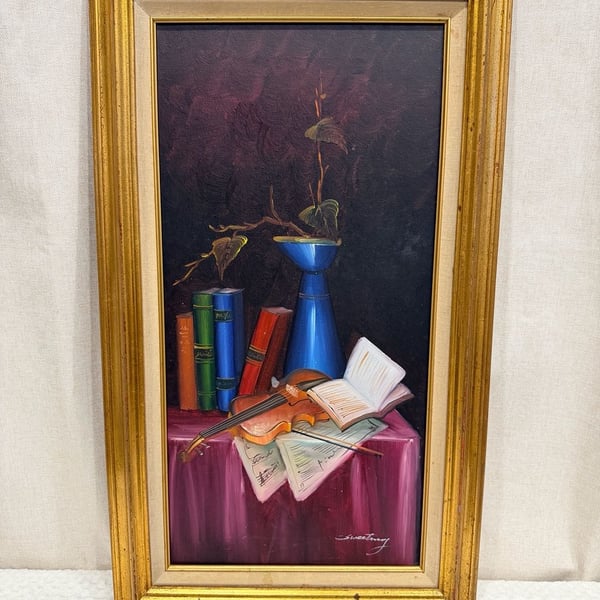 Sweetung Original Still Life Oil Painting Violin Books Gold Frame