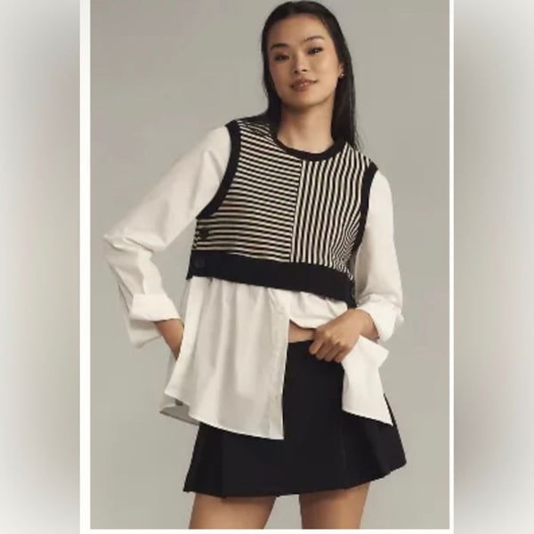 NWT Maeve Long-Sleeve Linen Twofer Sweater Vest Top Size Small