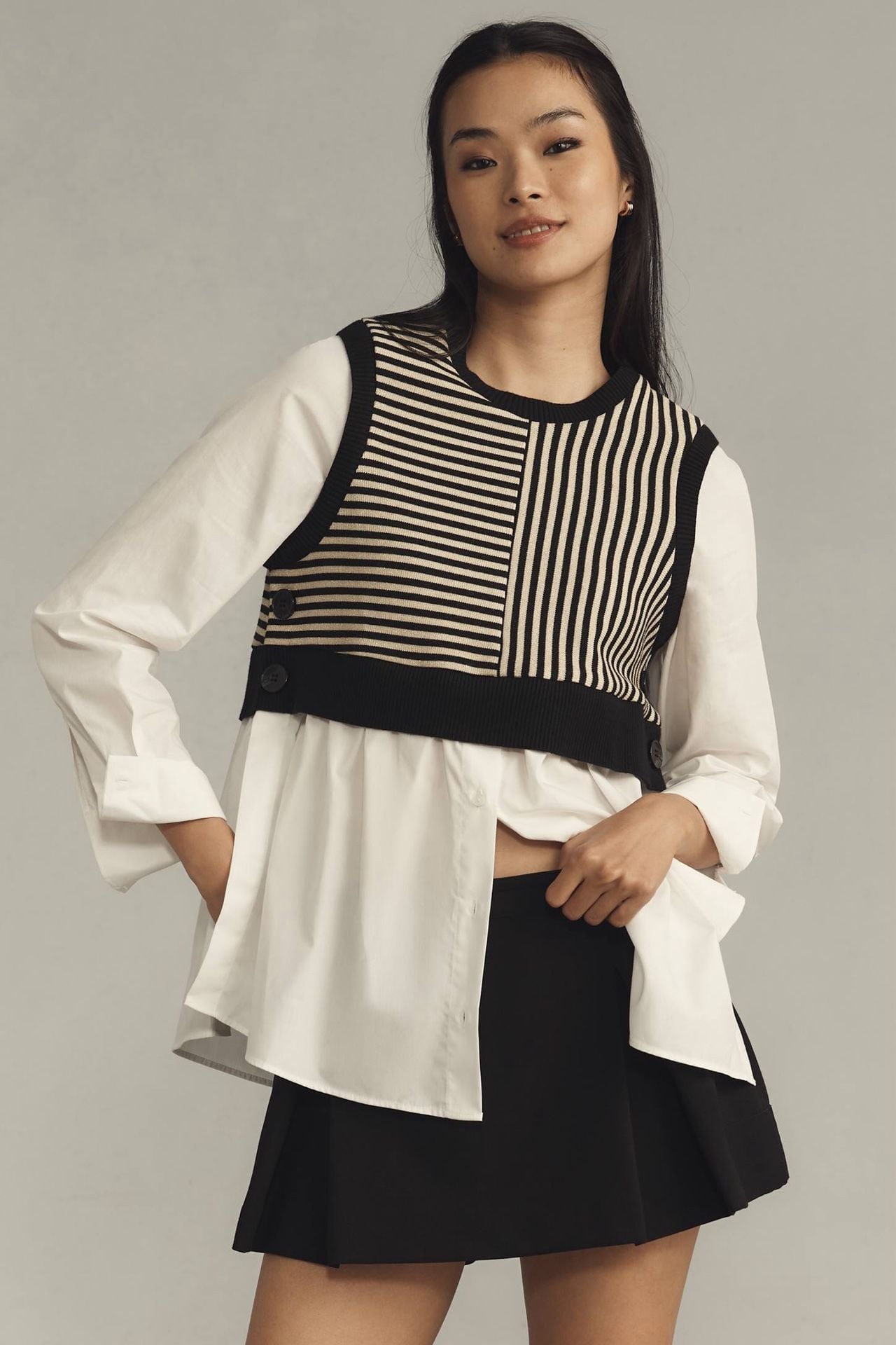 NWT Maeve Long-Sleeve Linen Twofer Sweater Vest Top Size Small 2
