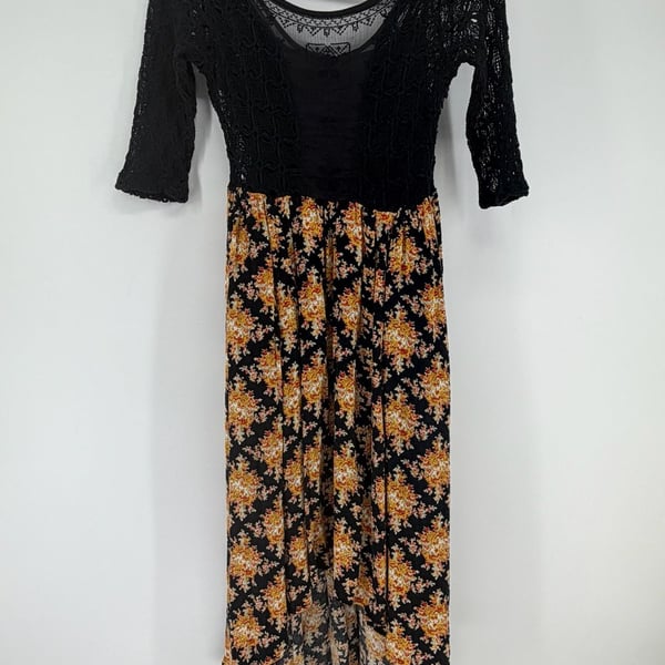 Free People Lonesome Dove Dress Size 6 Black Floral High Low Boho