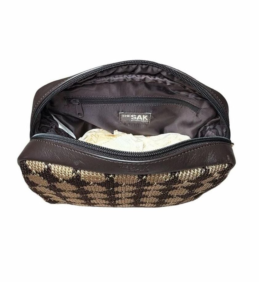 DEADSTOCK The Sak Crochet Cosmetic Bag Brown Black Checkered 3