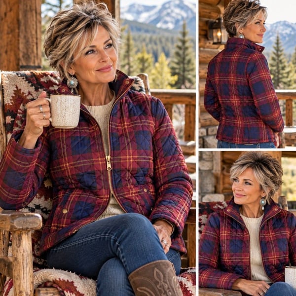 Faded Glory Women’s 1X 16W Burgundy Navy Plaid Quilted Jacket Country Western