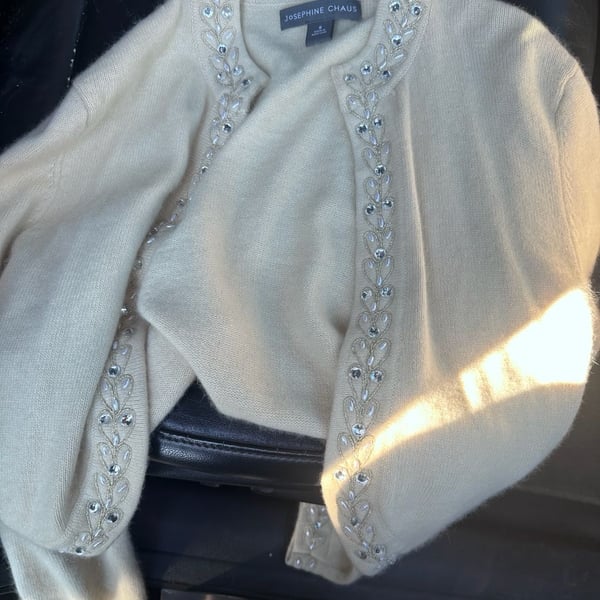 Josephine Chaus Cardigan Size S Beaded Open Front Beige Angora Blend