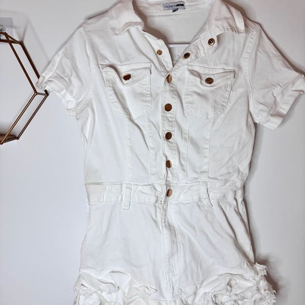 Fashion Nova White Distressed Denim Romper Size Large