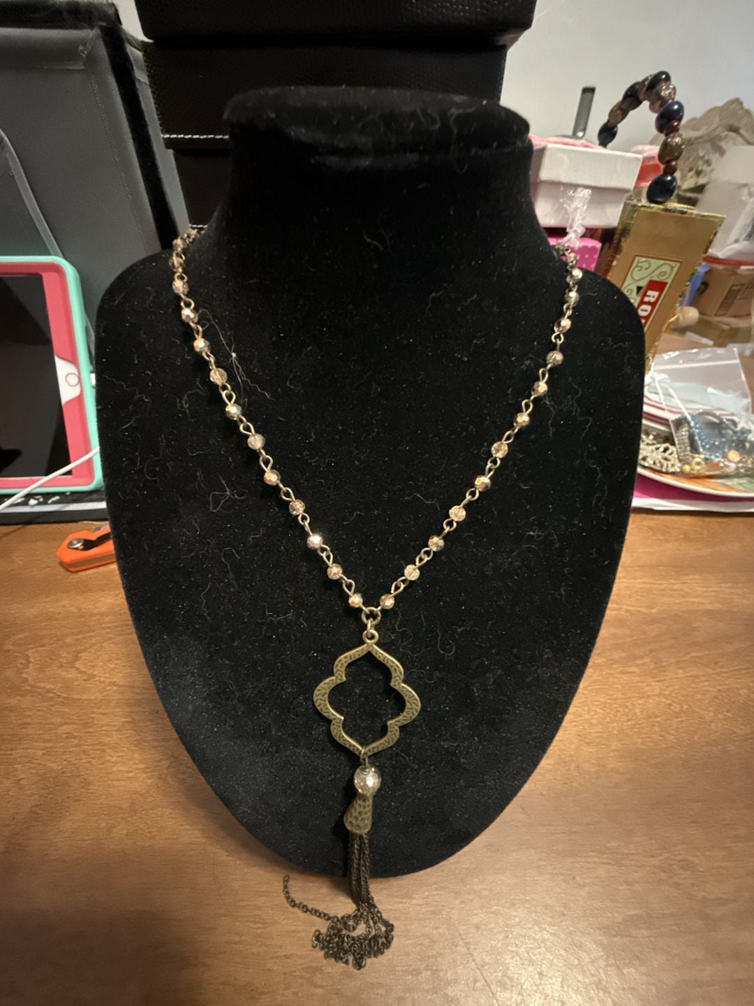 Vintage Boho Tassel Pendant Necklace Long Beaded Gold Tone 2