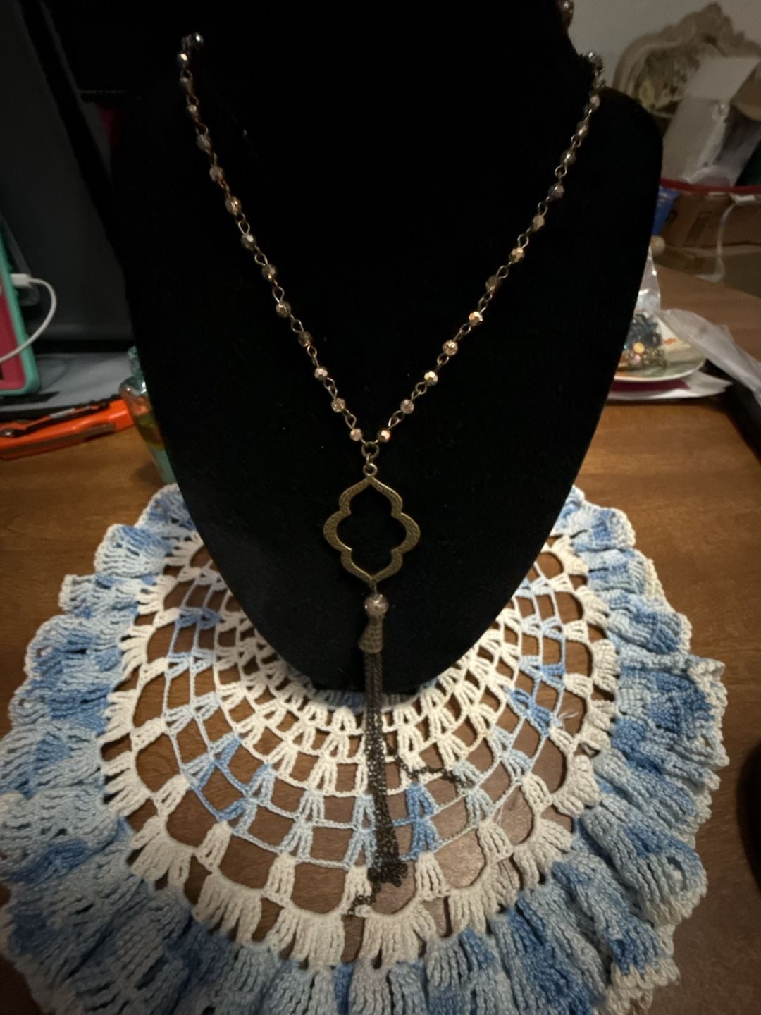 Vintage Boho Tassel Pendant Necklace Long Beaded Gold Tone 3