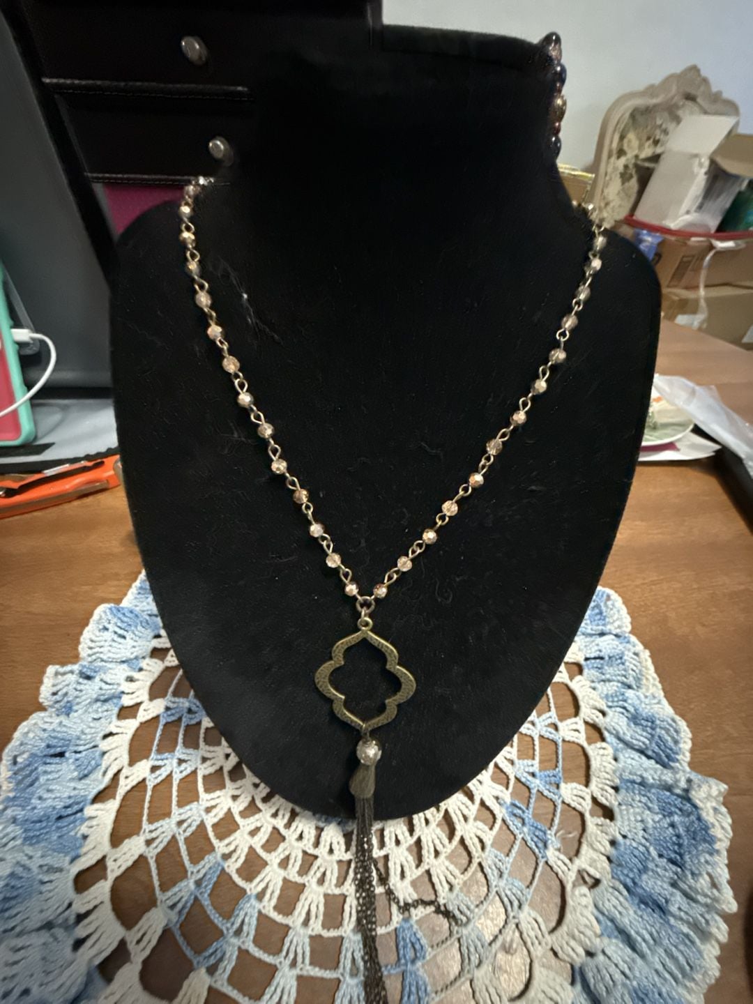 Vintage Boho Tassel Pendant Necklace Long Beaded Gold Tone 4