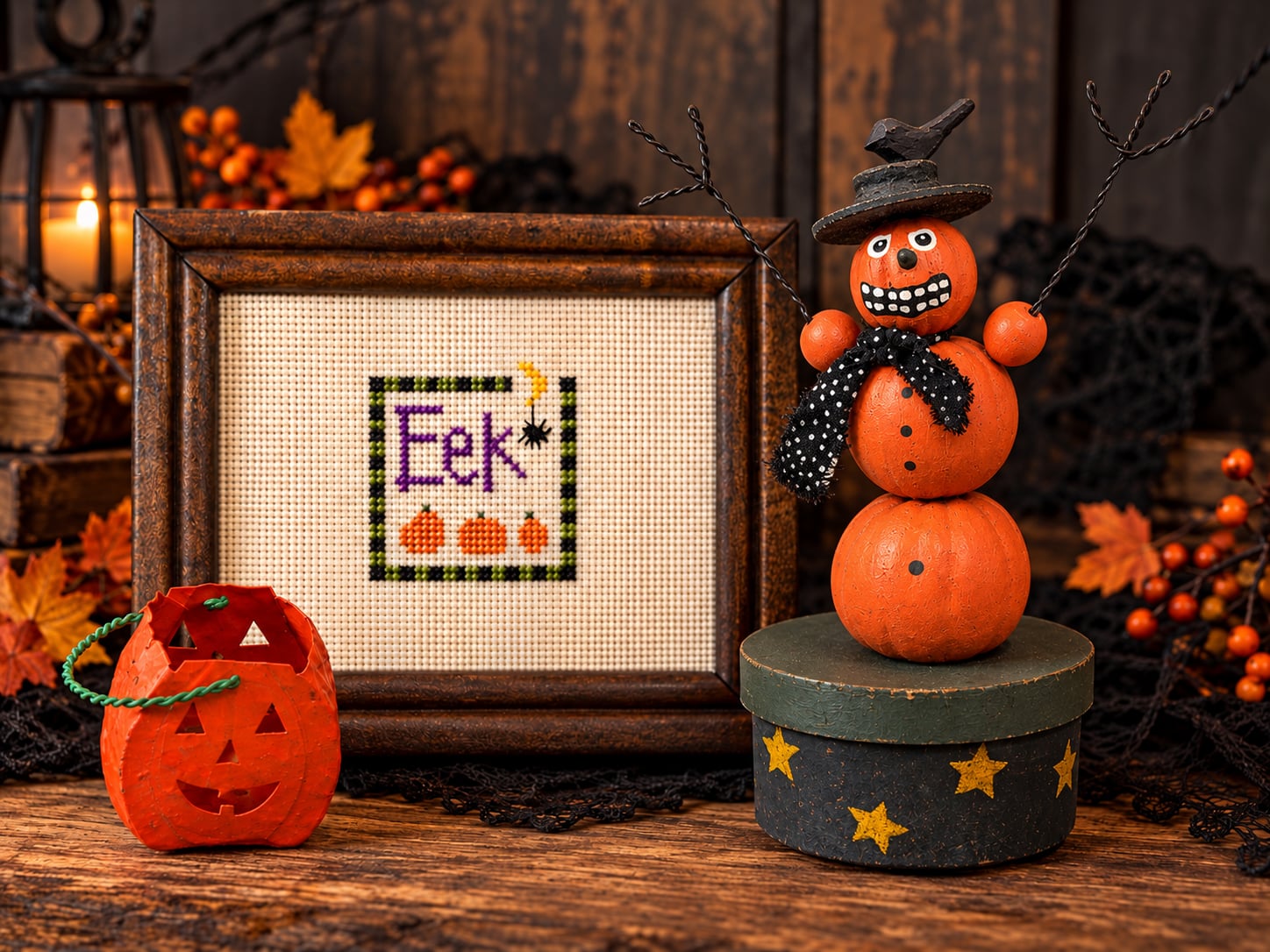 Folk Art Halloween Lot Pumpkin Push Puppet Eek Sampler Pail Primitive Decor Vtg 1