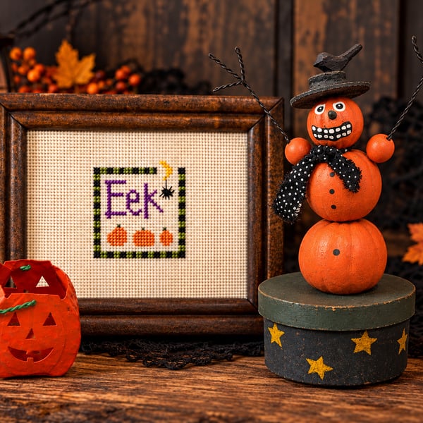 Folk Art Halloween Lot Pumpkin Push Puppet Eek Sampler Pail Primitive Decor Vtg