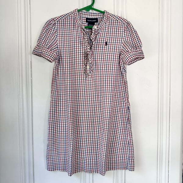 Ralph Lauren Plaid Kids Shirtdress, Size 6 Girls’ Red Blue Ruffled Collar