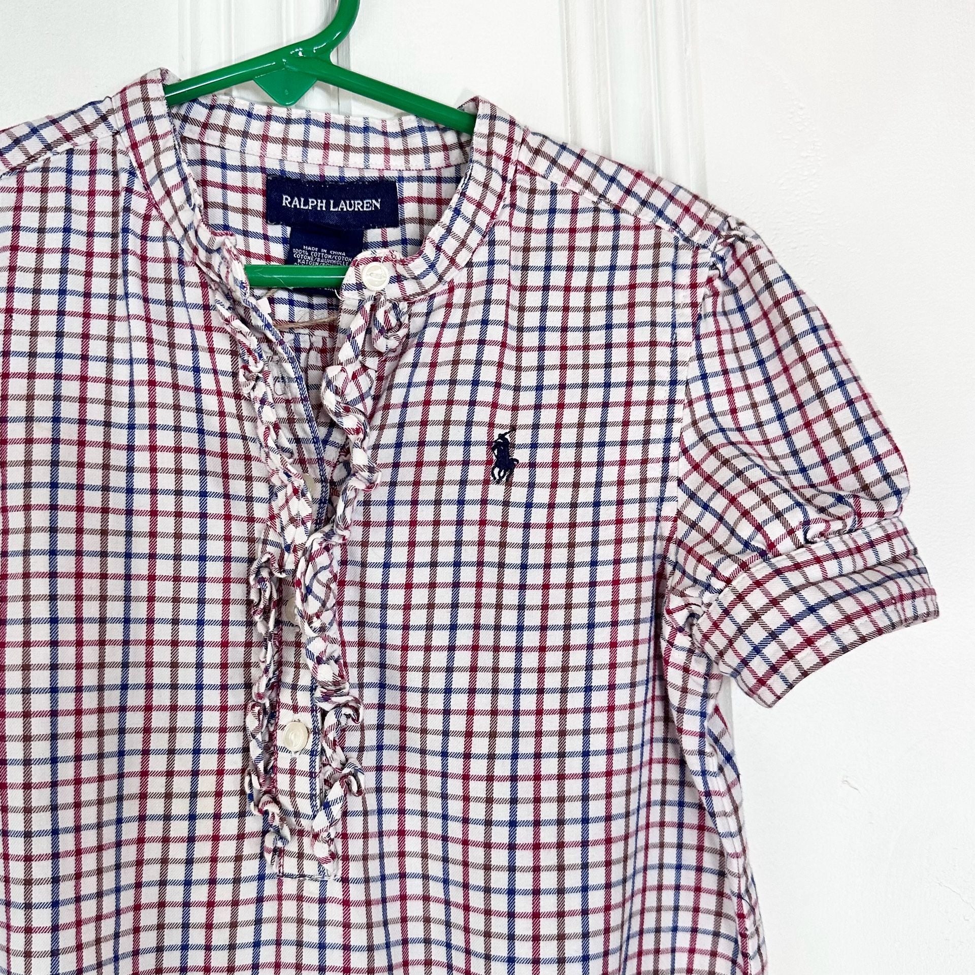 Ralph Lauren Plaid Kids Shirtdress, Size 6 Girls’ Red Blue Ruffled Collar 6
