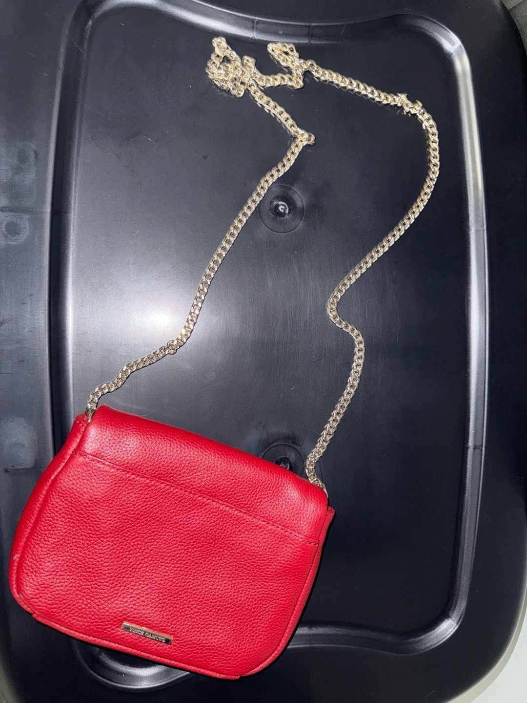 Vince Camuto Red Leather Crossbody Bag Gold Chain Ring Flap 2