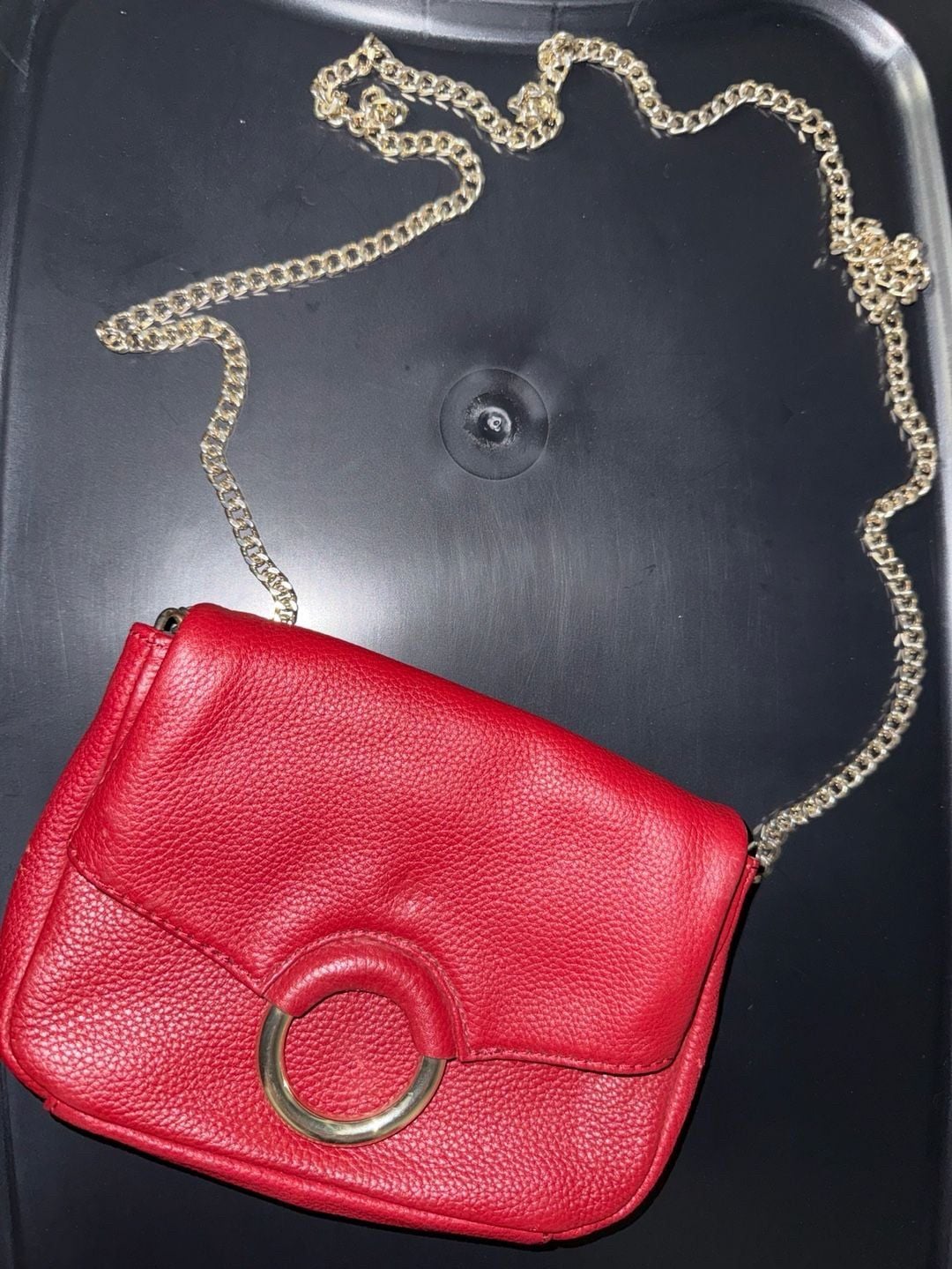Vince Camuto Red Leather Crossbody Bag Gold Chain Ring Flap 3