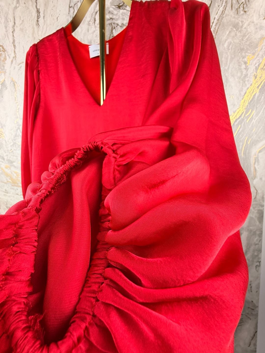 ADRIENNE V-Neck Blouse Size S Red Long Puff Sleeve Polyester 7