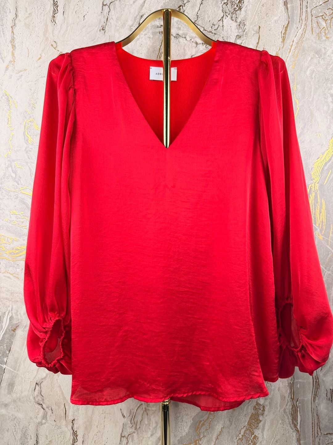ADRIENNE V-Neck Blouse Size S Red Long Puff Sleeve Polyester 8