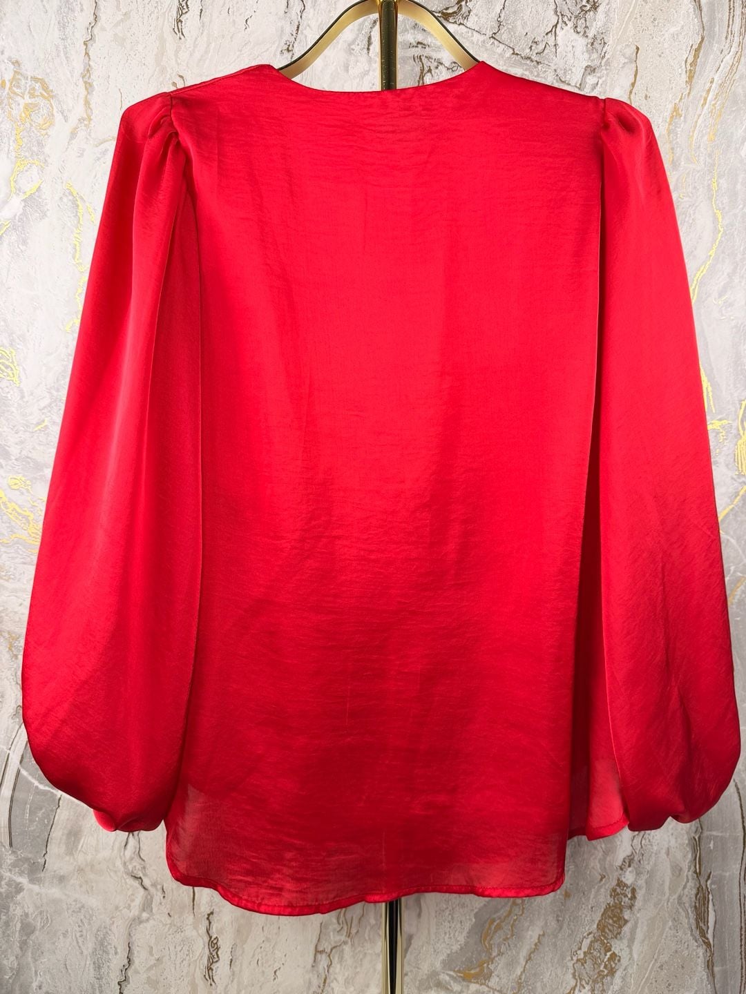 ADRIENNE V-Neck Blouse Size S Red Long Puff Sleeve Polyester 9
