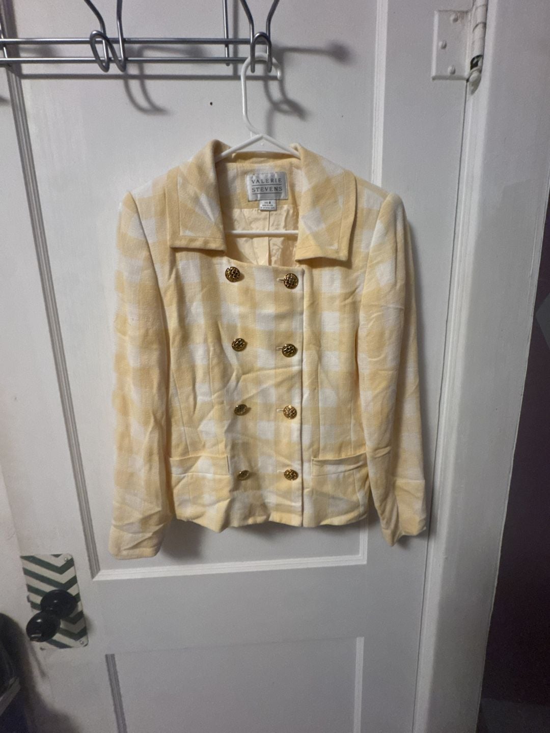 Valerie Stevens Jacket Size 4 Yellow White Gingham Double Breasted 2