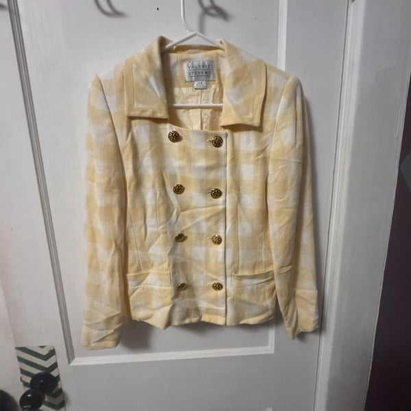Valerie Stevens Jacket Size 4 Yellow White Gingham Double Breasted
