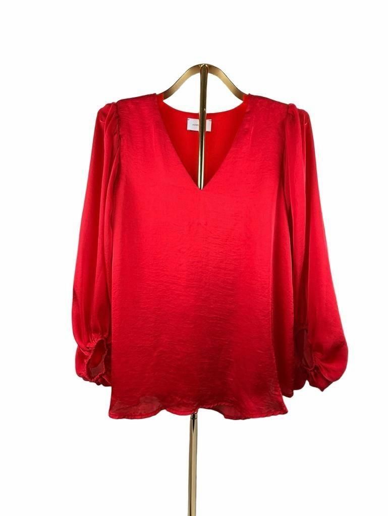 ADRIENNE V-Neck Blouse Size S Red Long Puff Sleeve Polyester 2