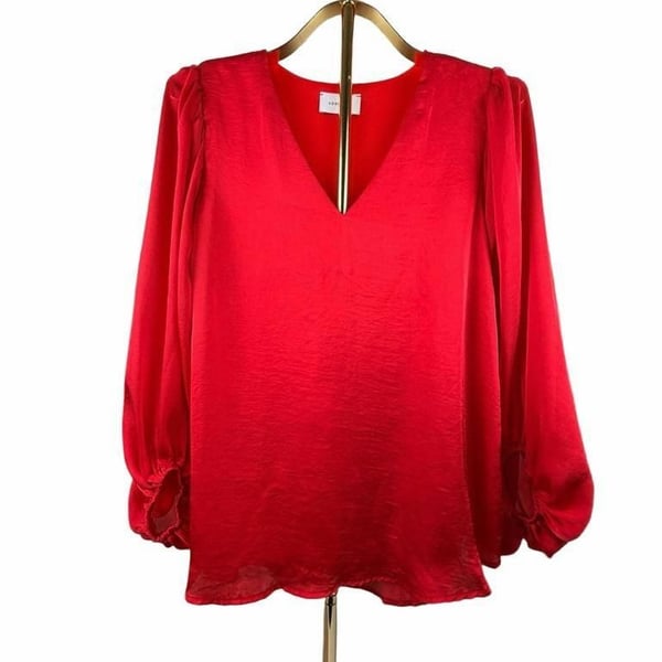 ADRIENNE V-Neck Blouse Size S Red Long Puff Sleeve Polyester