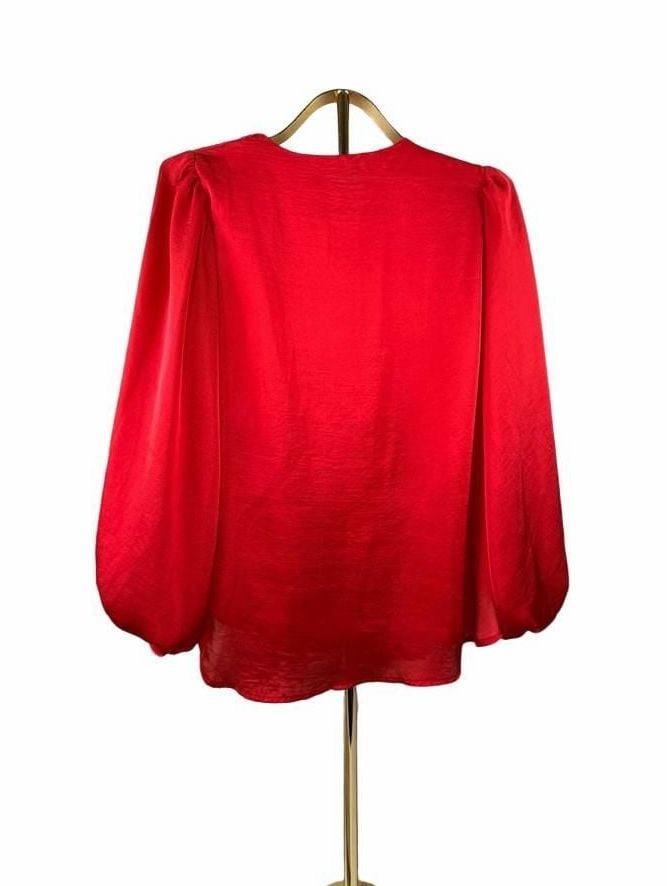 ADRIENNE V-Neck Blouse Size S Red Long Puff Sleeve Polyester 3