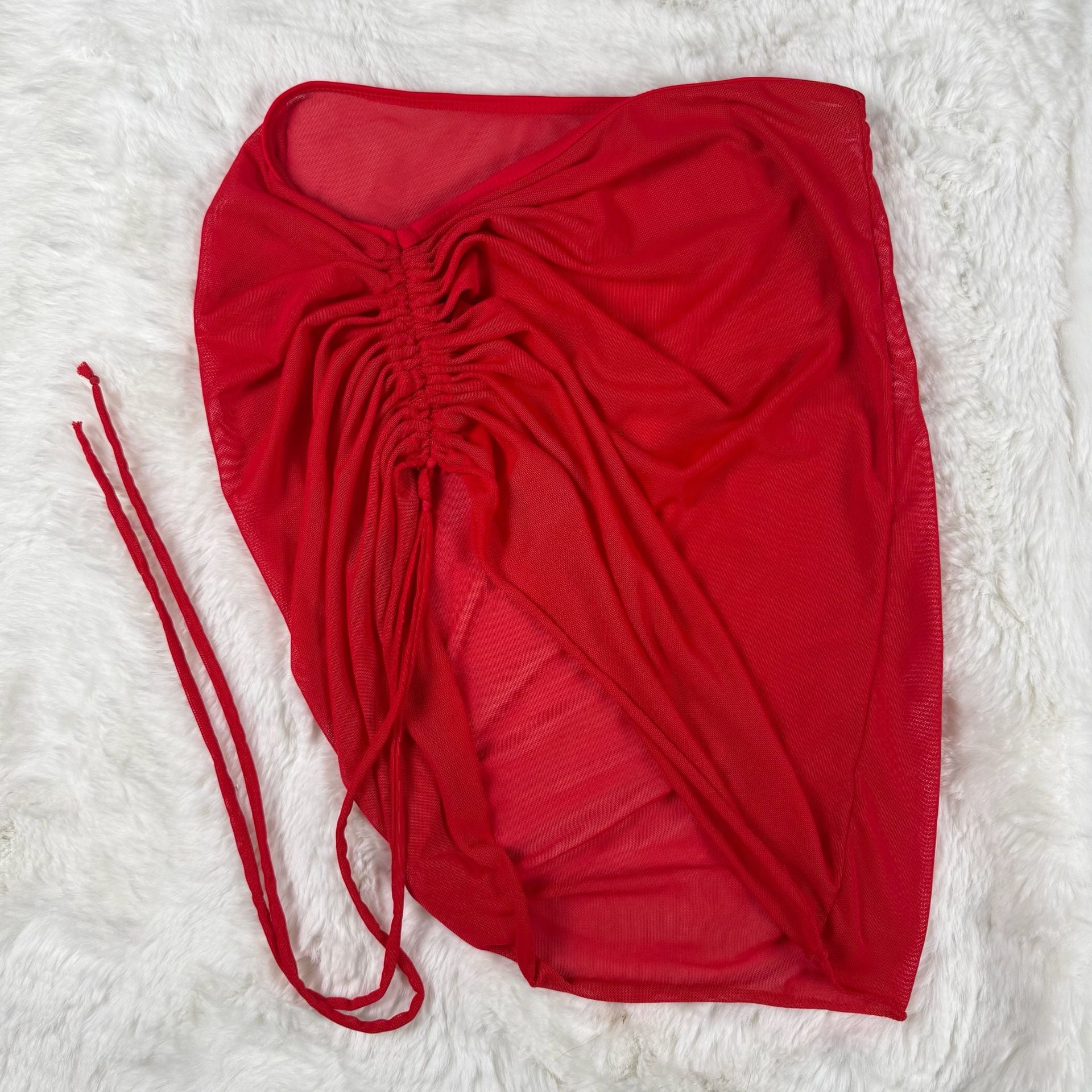 Red Mesh Drawstring Ruched Skirt 4