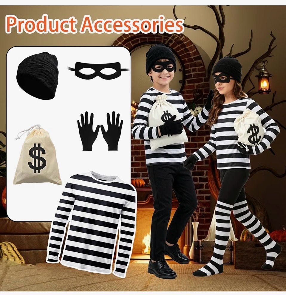 Halloween Robber Costume Set Kids Black And White Striped Size Large 5