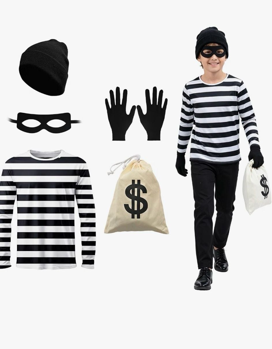 Halloween Robber Costume Set Kids Black And White Striped Size Large 1