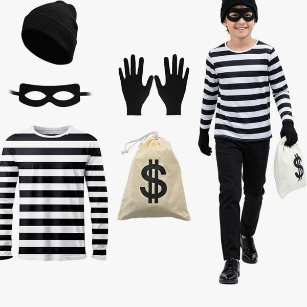 Halloween Robber Costume Set Kids Black And White Striped Size Large